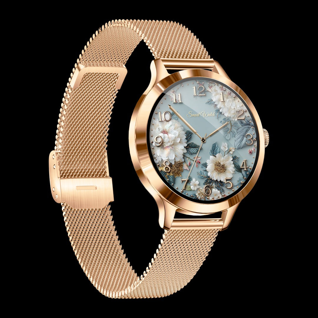 Carbon Iris rosé com pulseira de malha de metal, em ângulo, com outro mostrador na tela